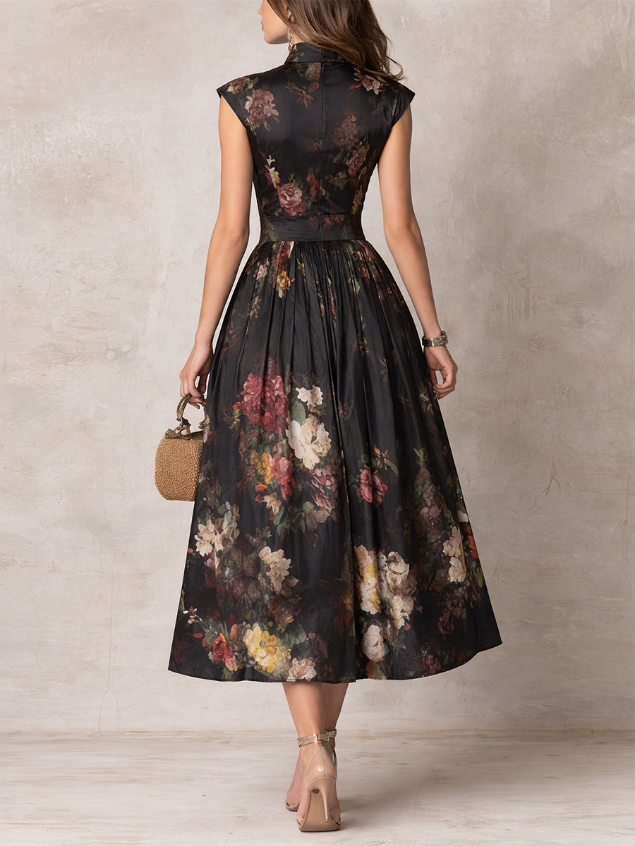 Georgia | Satin Floral Midi Pleated Dress