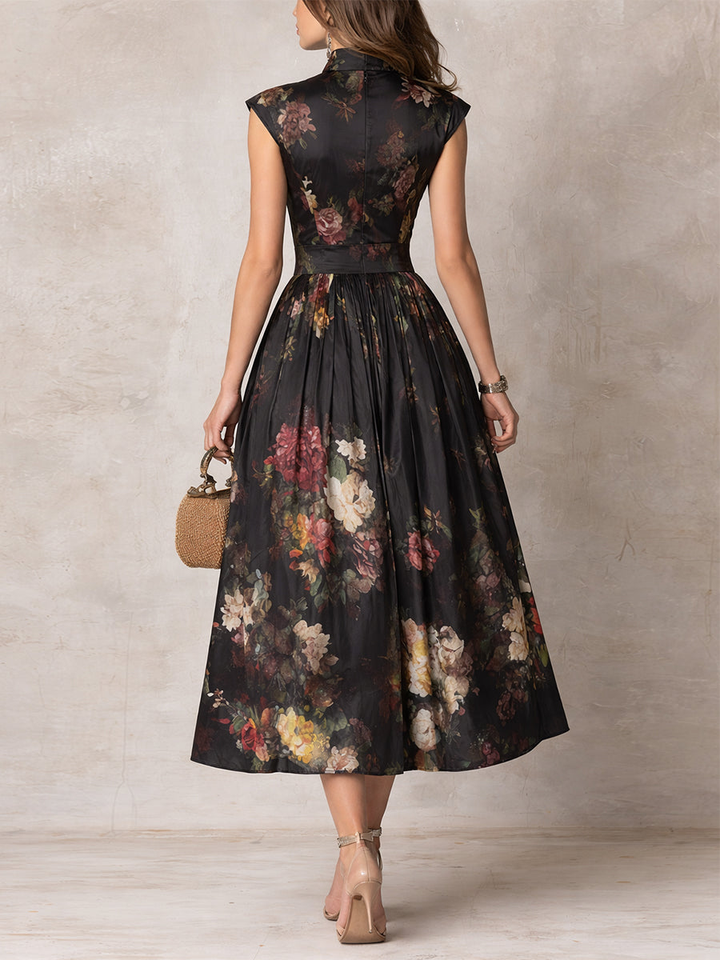 Georgia | Satin Floral Midi Pleated Dress