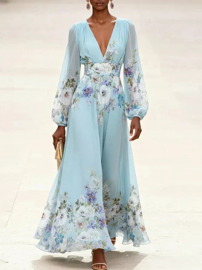 Margaret | Chiffon Floral Maxi V-Neck Dress